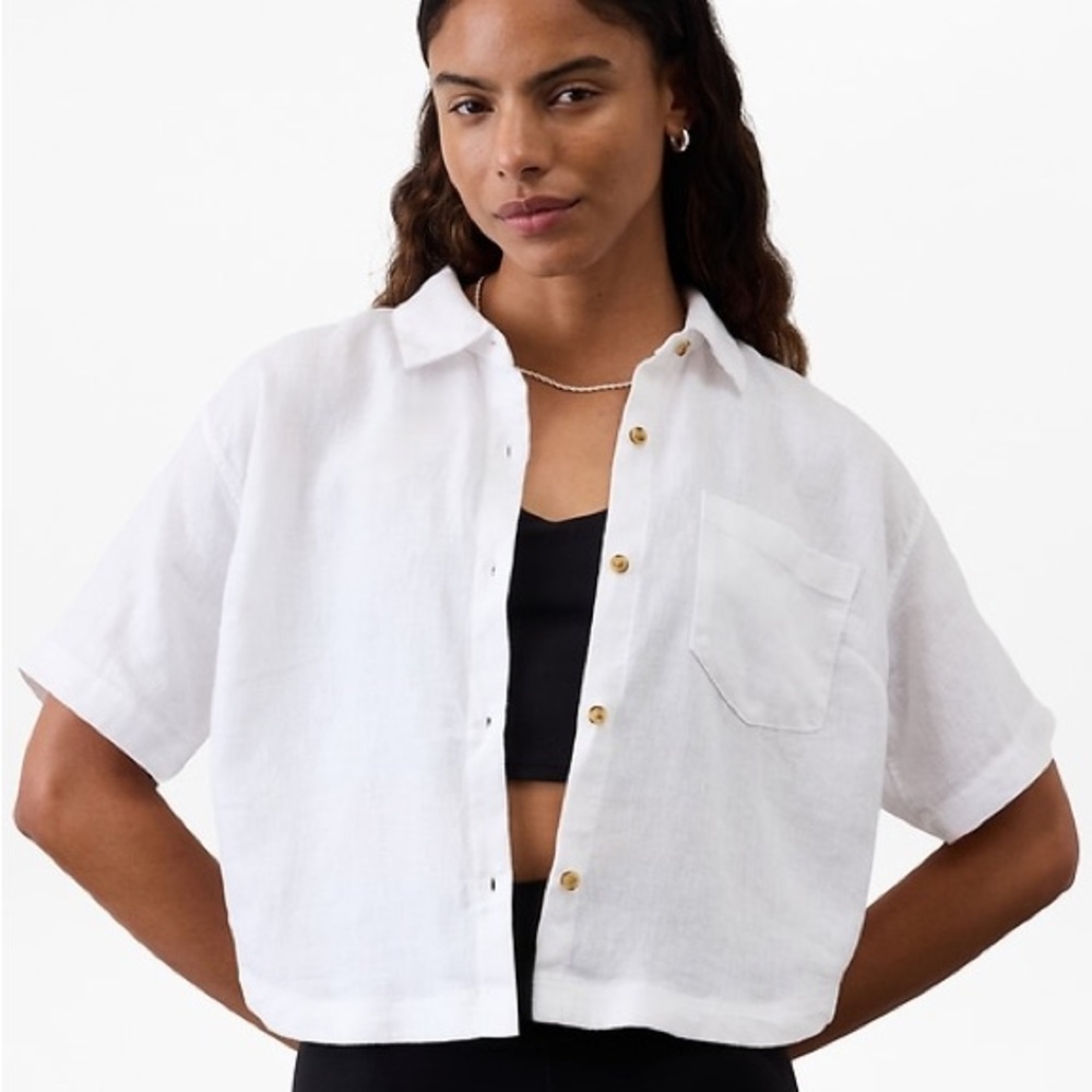 NWT Athleta white retreat linen short sleeve button shirt